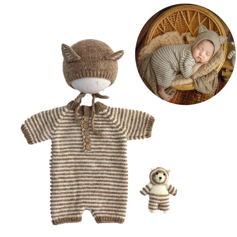 

Striped Bear Photography Clothes Organic Cotton Baby Hat Romper Infant Photoshoot Clothing Newborn Boy Girl Photography Outfits