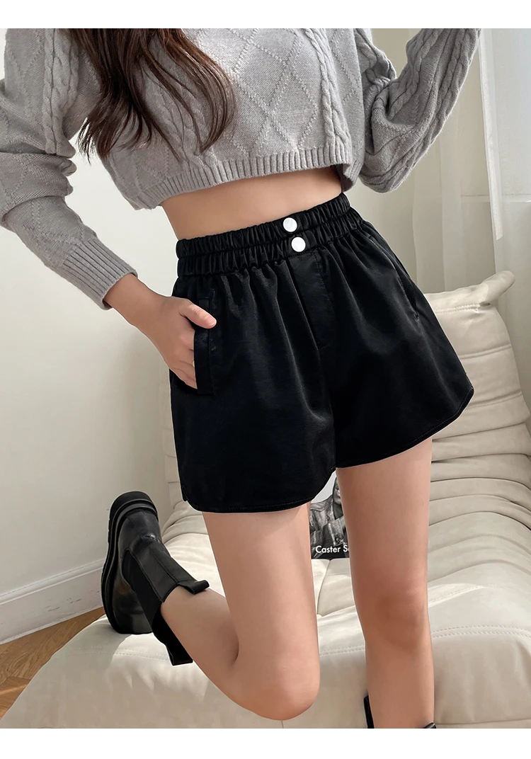 PU Leather Shorts Women 2021 Autumn Winter Solid Short Feminino Casual Elastic Waist Office Lady Fashion A-line Shorts Female plus size womens clothing