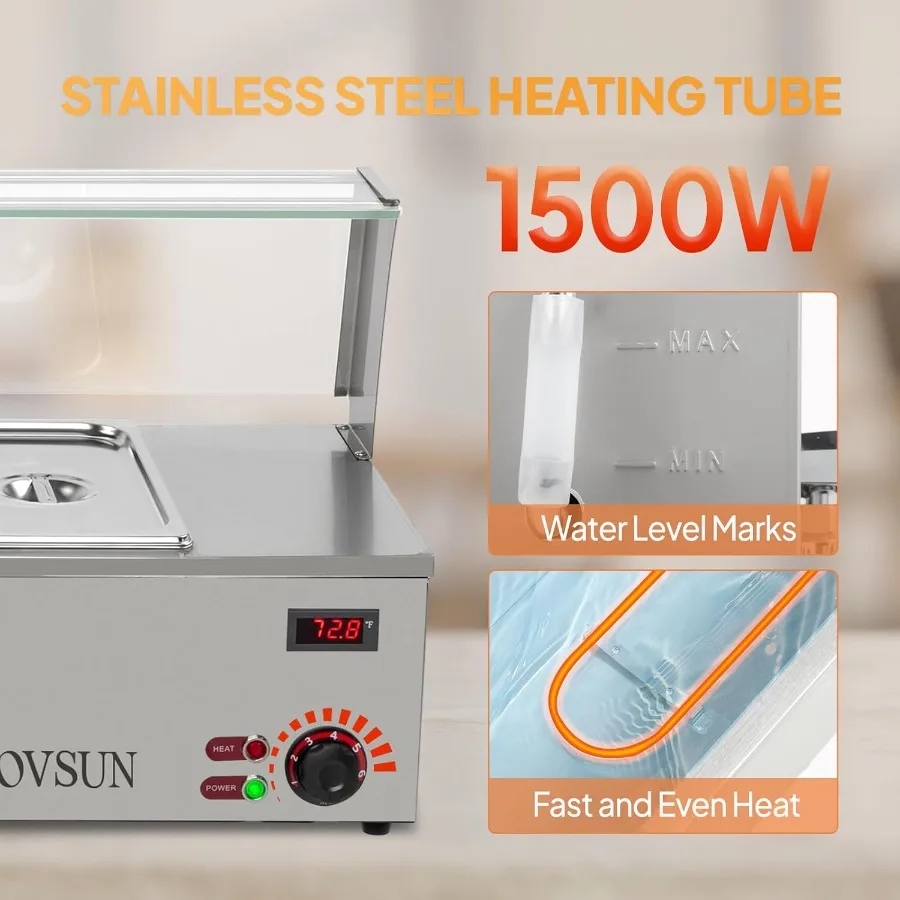 48QT 1500W Electric Commercial Food Warmer 6-Pan Steam Table 8QT/Pan Stainless Steel Bain Marie Countertop with Acrylic Shield