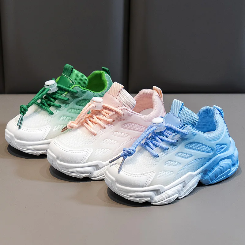 

Детские Нескользящие кроссовки, дышащие, сетчатые, на шнуровке спереди, градиентные, повседневная спортивная обувь с мягкой подошвой, лето
