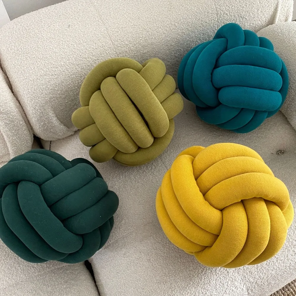 Nordic Knot Ball Pillow with Triple Rope Knotting Ball Pillow Hand Woven Knitted Wool Cushion Pads and Window Pads