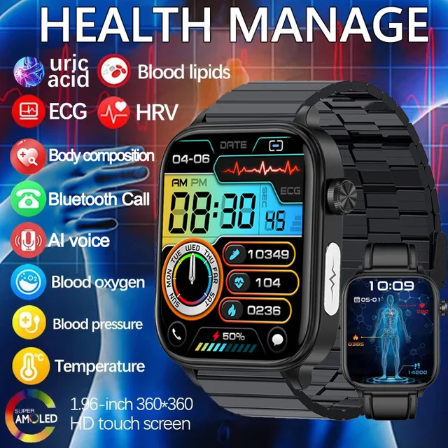 2025 New AI Diagnosis Blood Lipids Uric Acid Body composition Test Smart Watch For Men ECG+PPG Bluetooth Call Health Smartwatch