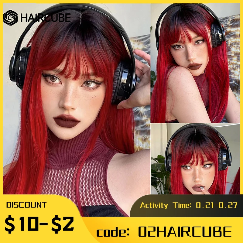 HAIRCUBE Natural Black Red Ombre Straight Synthetic Wig for Women Long Red Wig With Bangs Cosplay Party Heat Resistant Fiber Wig