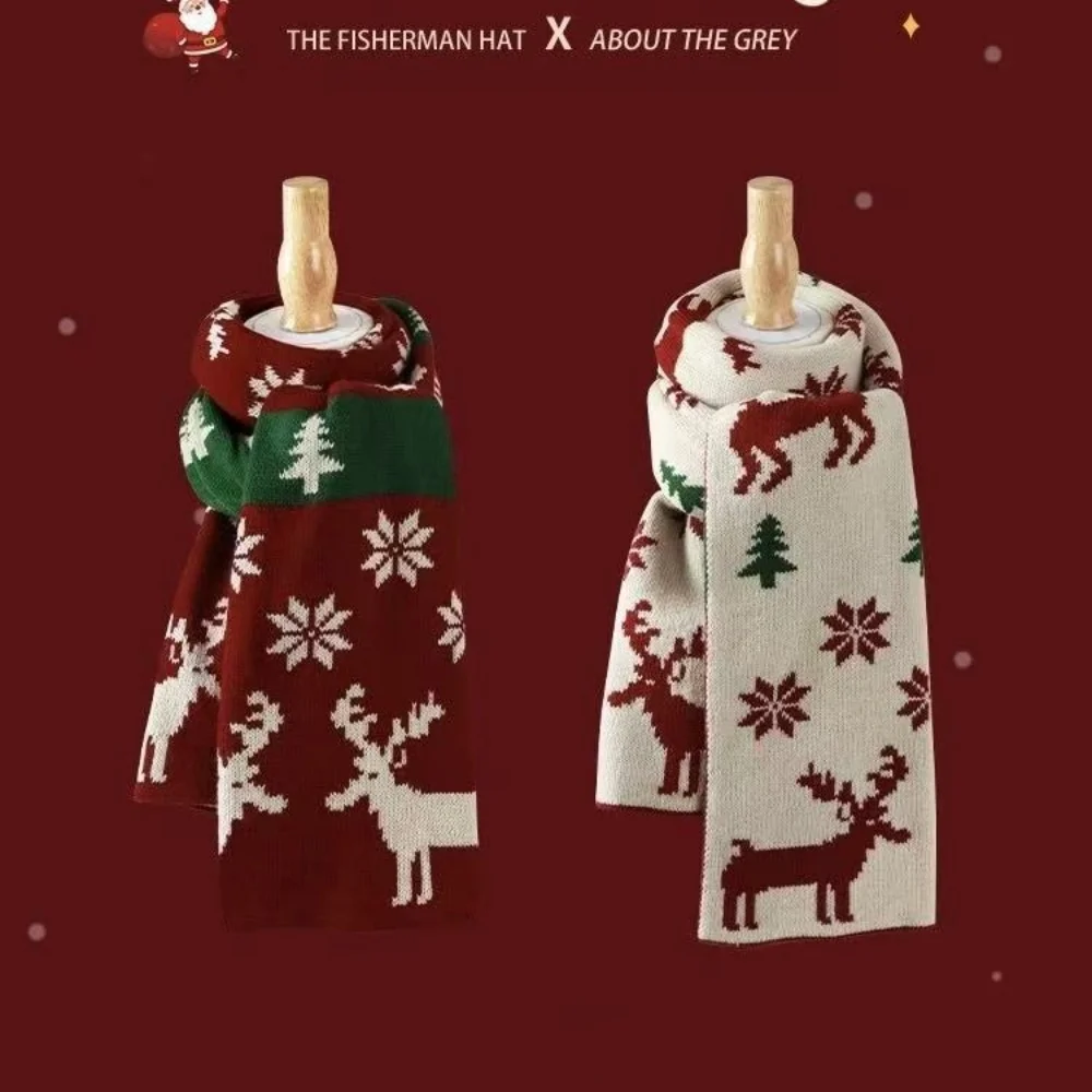 Christmas Tree Elk Red Knitted Scarf Women's Match Scarf Christmas Gift Autumn and Winter Warm Neck  Green Woolen Scarf