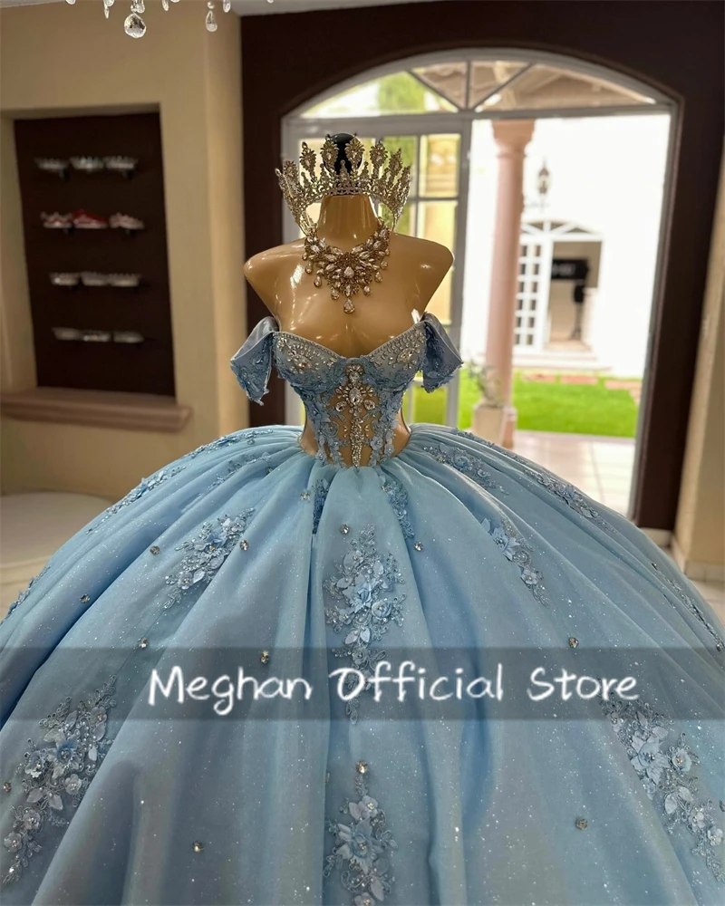 Blue Bead Appliques Quinceanera Dresses Ball Gown 3D Flower Birthday Luxury Dress Off The Shoulder Formal Gown Customized