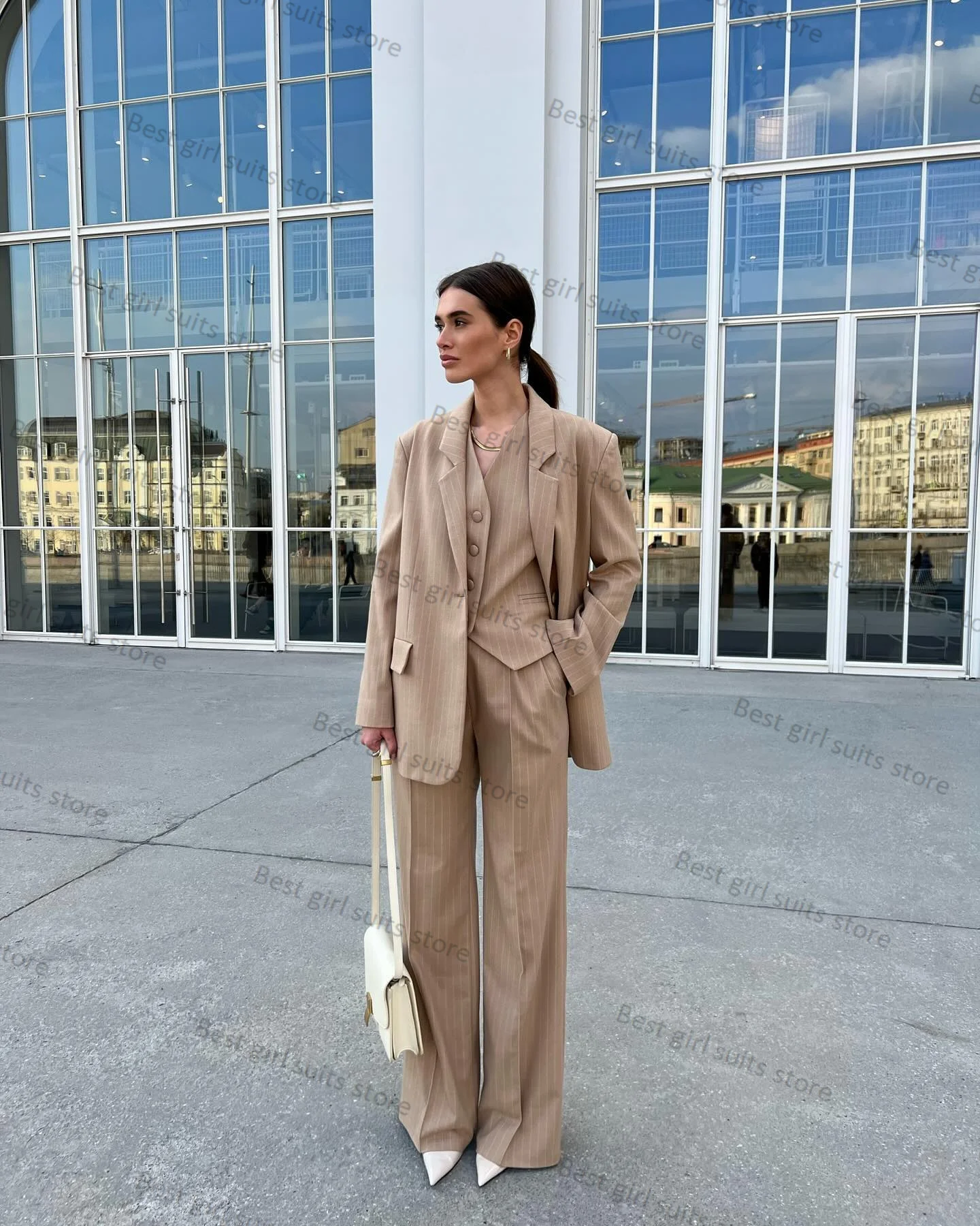 

Khaki Pinstripe Women Suit Pants Set 3 Piece Jacket+Vest+Trouser Formal Office Lady Blazer Red Carpet Tuxedo Tailored Prom Dress