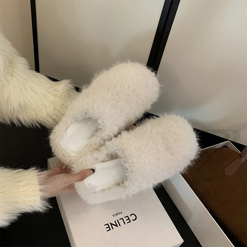 ZOOKERLIN Round Toe Thick High Heels Platform Women's Slippers Solid Color Wool Slip On Winter Soft Comfortable Woman Shoes Fur