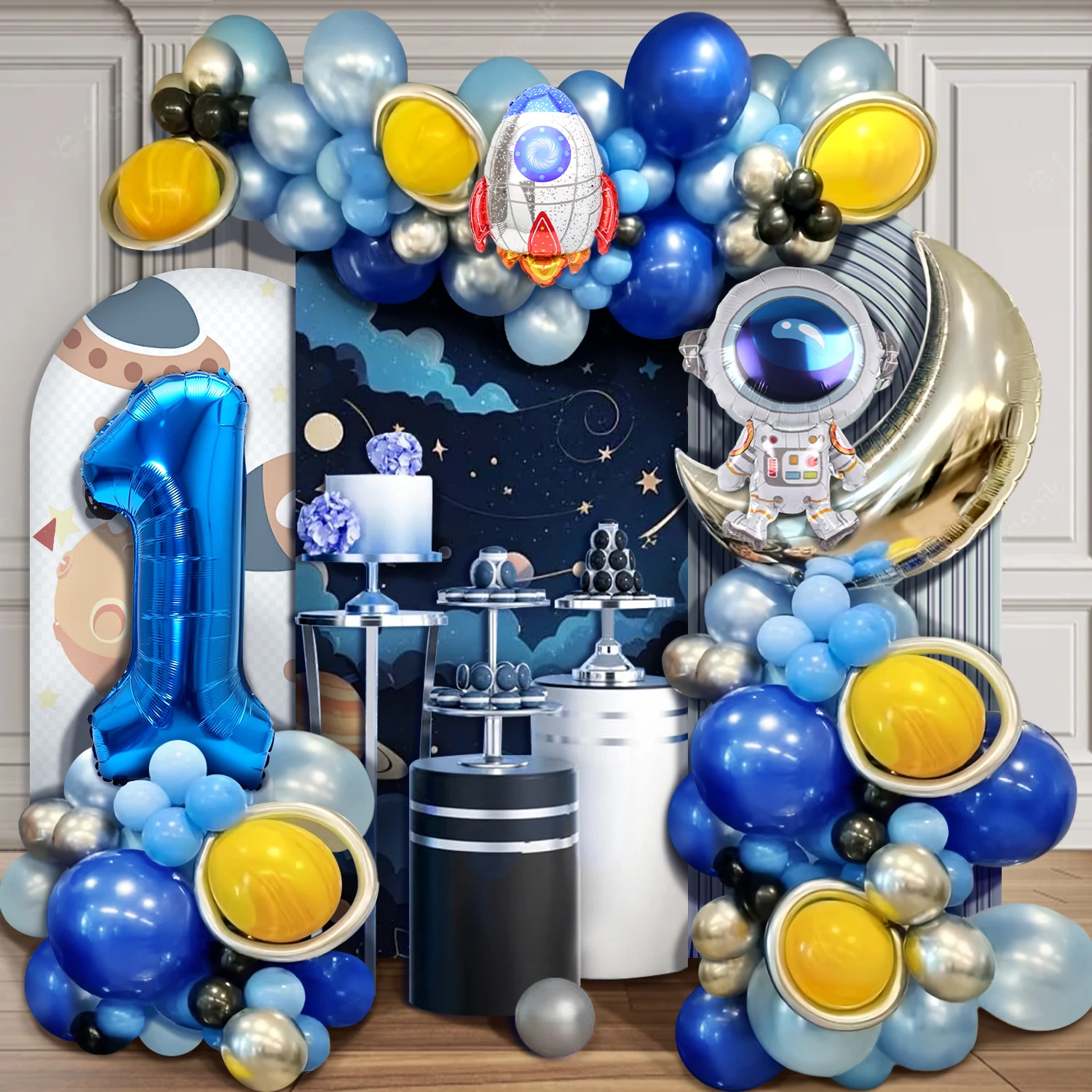 103-teiliges Blaues Weltraum-Party-Ballonbogen-Set für den 1. Geburtstag, Blaue, Silberne und Gelbe Achat-Bedruckte Ballons mit Mond, Ro