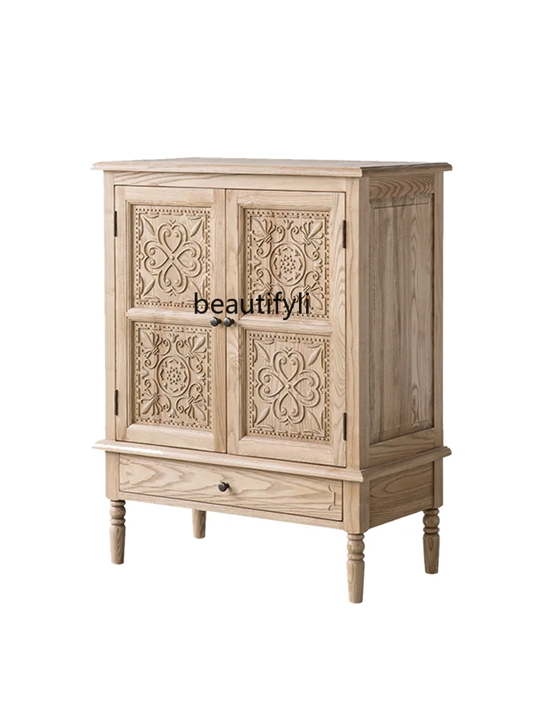 

American Country Retro Idyllic Solid Wood Double Door Carved Drawing Cabinet TV Side Cabinet Fresh Oak Chest of Drawers Locker