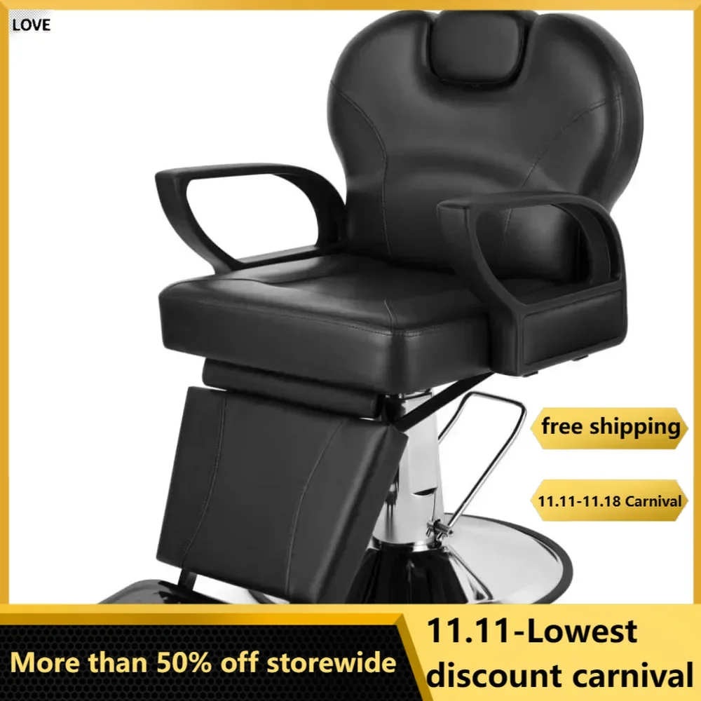 Barber Chair for Salon, Adjustable Height and Reclining, PVC Artificial Leather Seat, Metal Base, Black Hair Salon Furniture