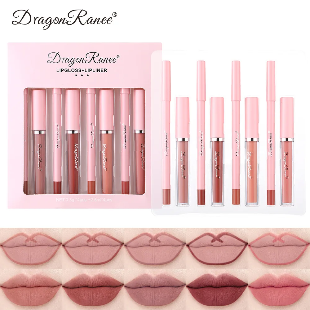 

Lipliner+lip color waterproof and non stick cup lipstick pen lips matte fog face lip rich color line marker four sets