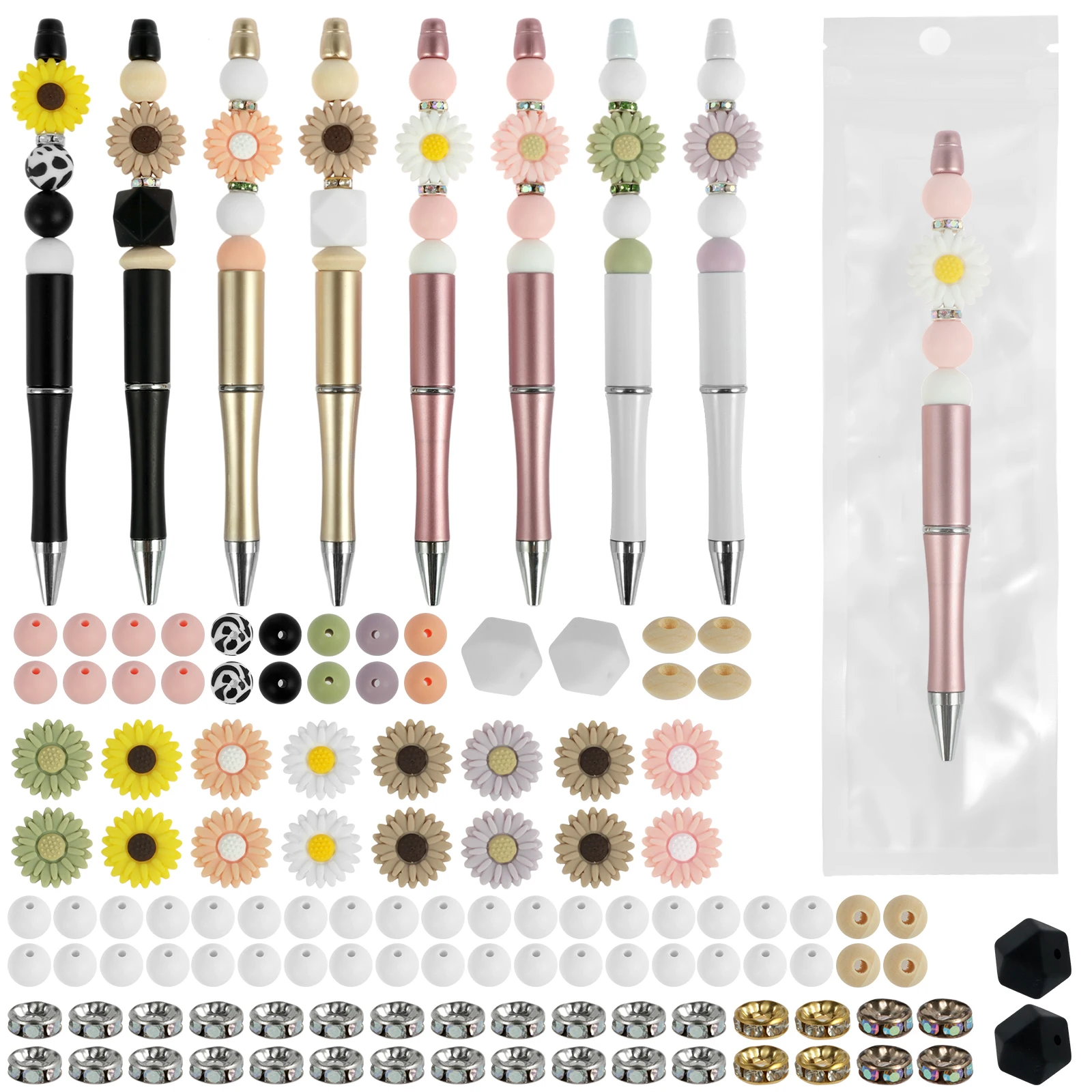 Kit di penne perline da 16 pezzi penne con perline fai da te a tema margherita perline multicolori penne con perline assortite Set di penne con perline di inchiostro nero con perline Creative