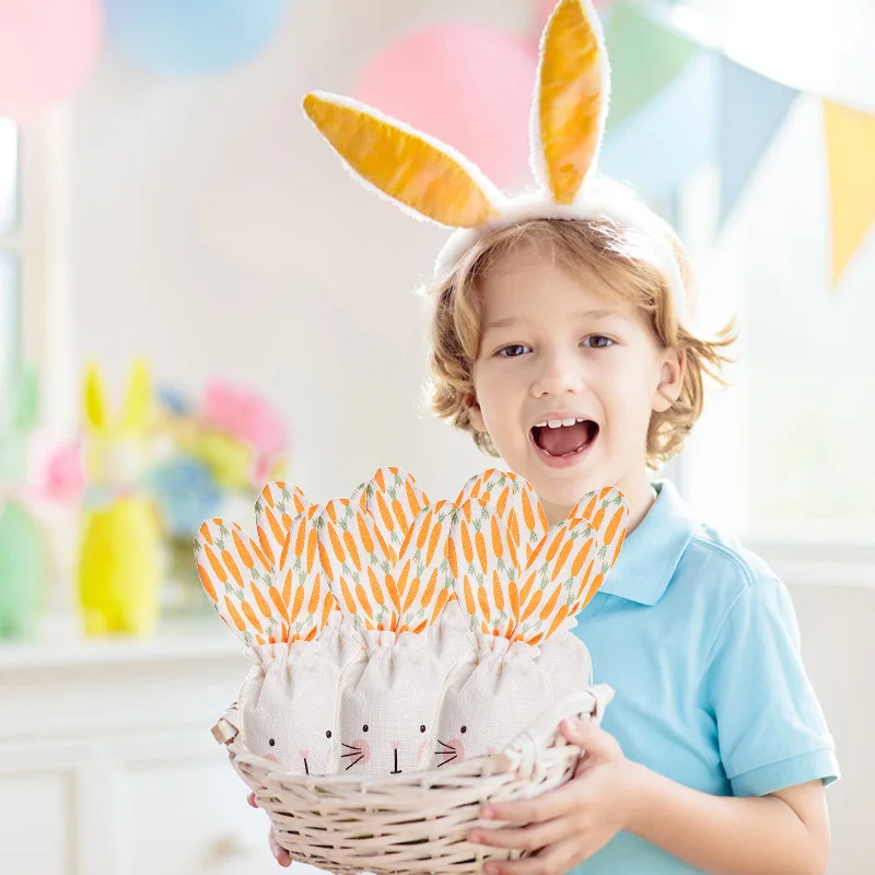 1-6Pcs Rabbit Carrot Linen Gift Bag with Drawstring Easter Party Candy Snack Bags Kids Birthday Decor Supplies Jewelry Pouches