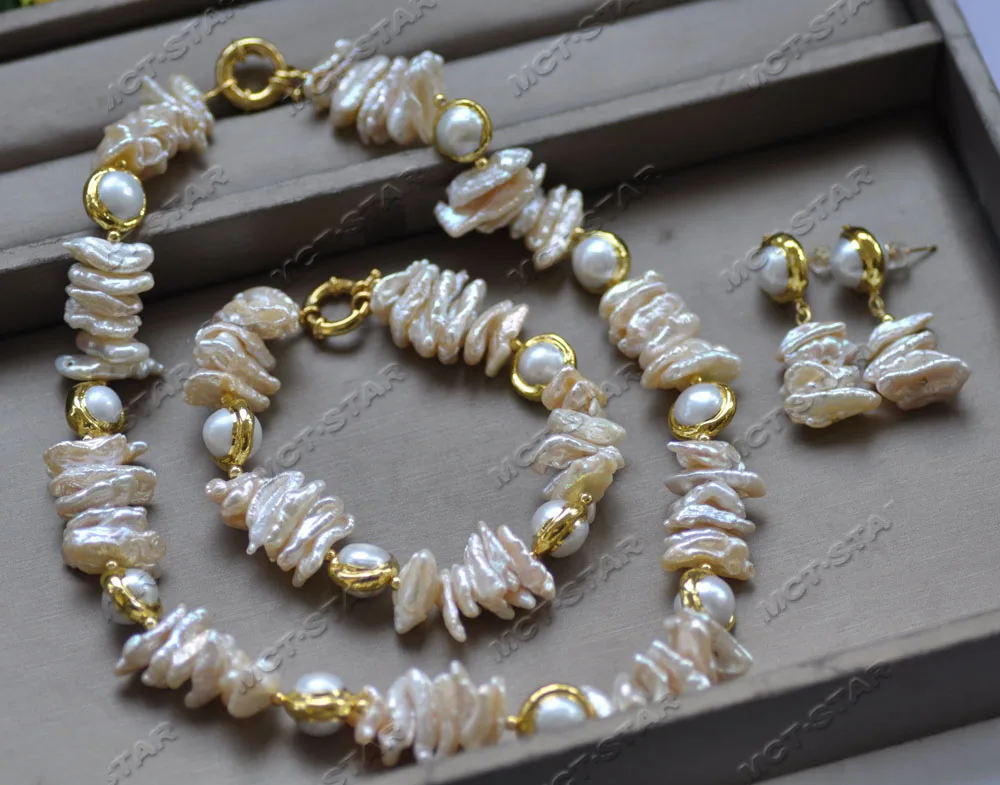 

MTC · STAR Z12791 комплект розового Бива Дена, Белое Круглое позолоченное жемчужное ожерелье, браслет, серьги