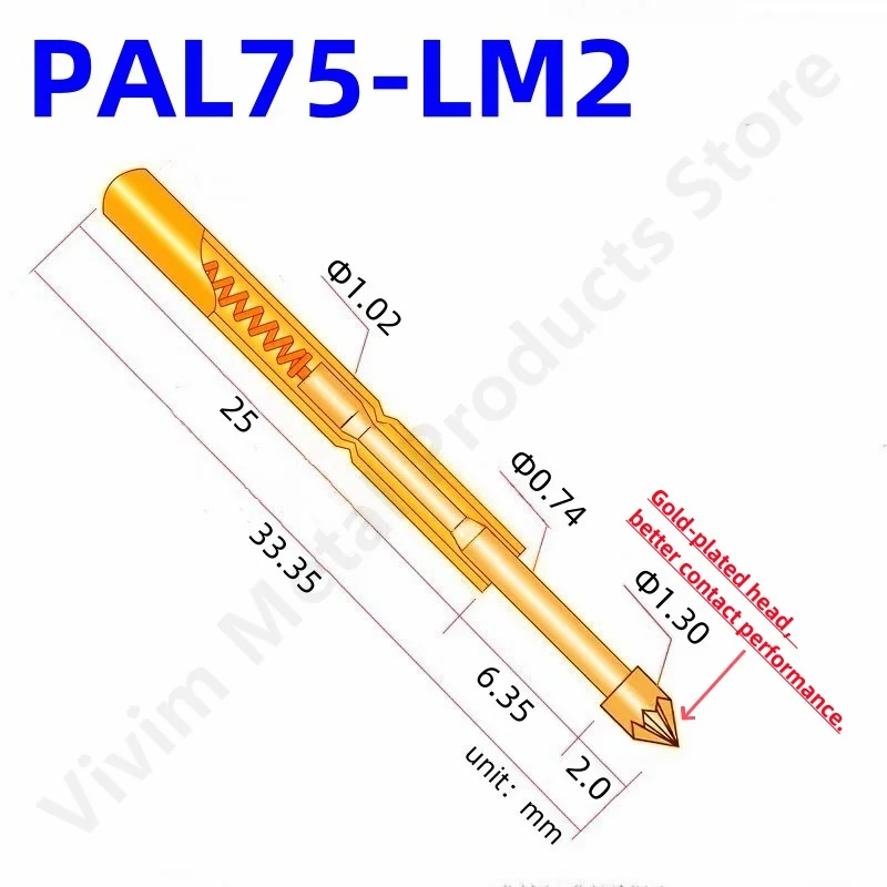 100PCS PAL75-LM2 Spring Test Probe PAL75-LM Test Pin Test Tool 33.35mm 1.02mm Gold Needle Tip 1.3mm Pogo Pin PL75-LM PL75-LM2
