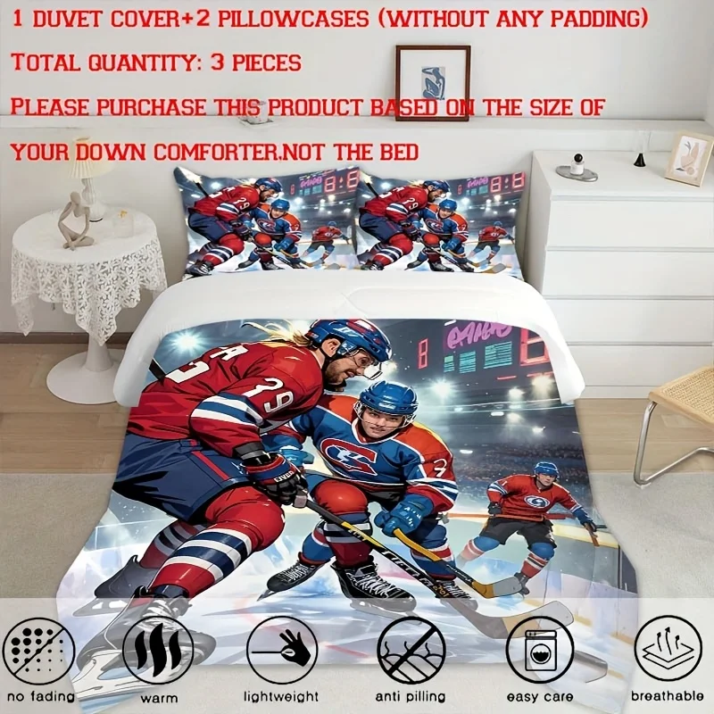 3Pcs Ice Hockey Pattern Duvet Cover Set, Zipper Closure Machine Washable Bedding with Pillowcases, All Season for Home Dorm