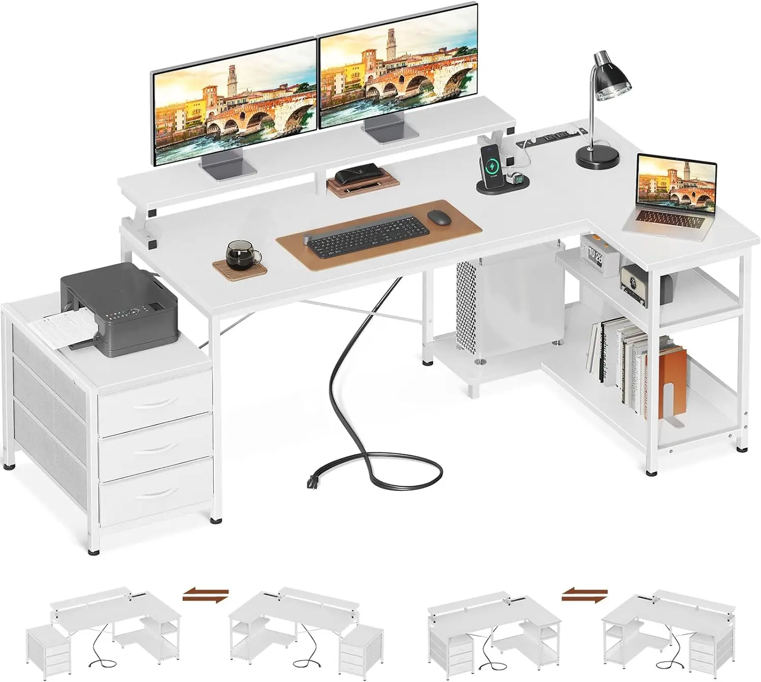 

AODK L Shaped Computer Desk with Power Outlets & 3 Cloth Drawers, Reversible Office Desk with Shelves & Monitor Stand, Corner