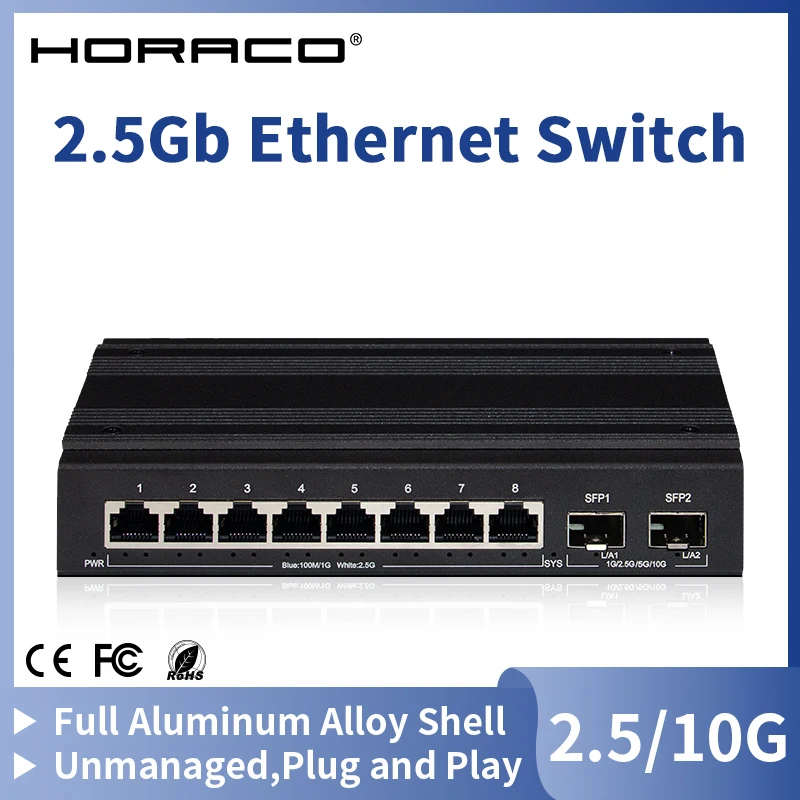 HORACO 2.5G Network Switch 8 Port Ethernet Switch with 2*10G SFP+ Plug and Play Fanless Homelab Switch 1