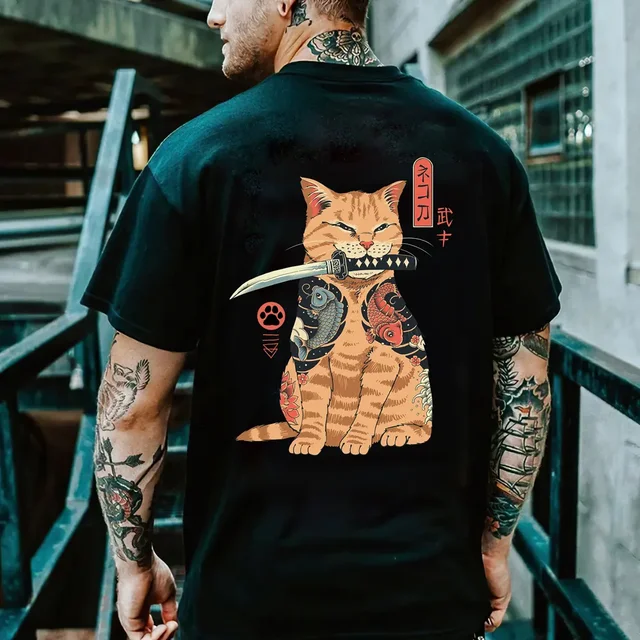 Cartoon Anime Samurai Cat Printed T Shirt For Men Outdoor Hip Hop Harajuku Vintage Clothes Casual O-neck Loose Short Sleeve Tees 1