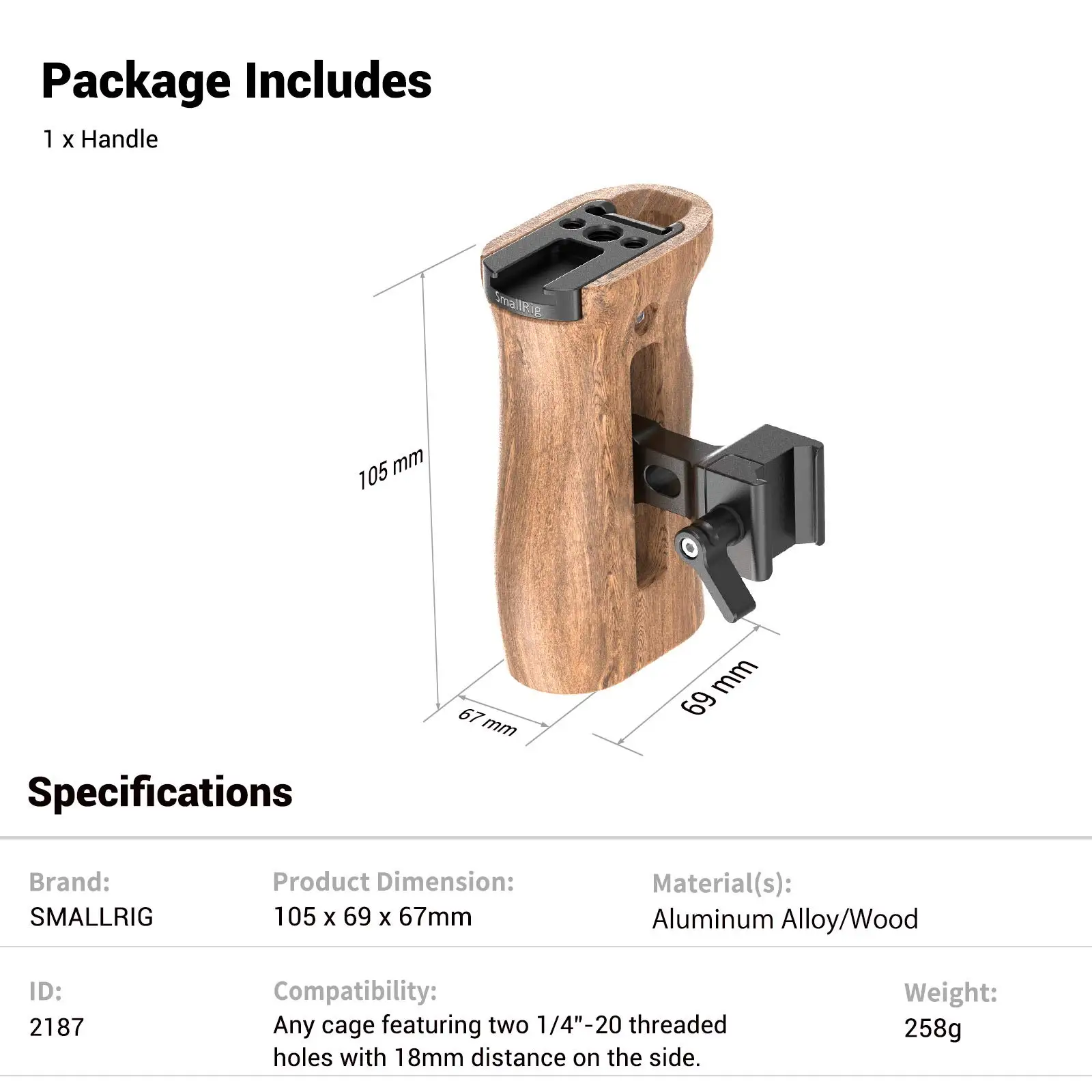 Universal Side Wooden NATO Handle Grip for DSLR Camera Cage w/Cold Shoe Mount an