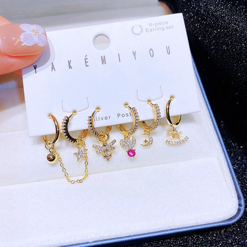 High end Mix Styles Zirconia Star Moon Heart Earrings Set for Women