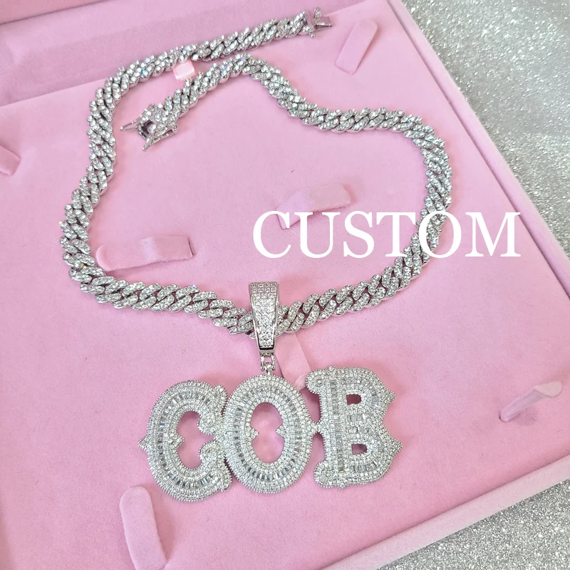 Custom Name Necklace  Zirconia  Baguette  Letters with 9MM Cuban  Chain Hip Hop Necklaces For Men Women Hip Hop Jewelry