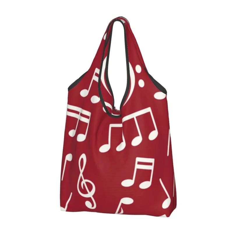 White Notes On Red Background Shopping Tote Bags Portable Custom Design Music Groceries Shopper Shoulder Bag record on dark duo groceries shopping shopper shoulder tote bags big capacity portable music notes handbag