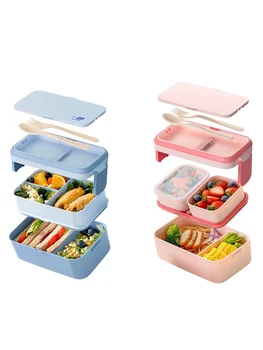Bento Box a 2 strati con manico, set di scatole per il pranzo a prova di perdite di grande capacità, contenitori per alimenti per snack per bambini, cassaforte per microonde 1