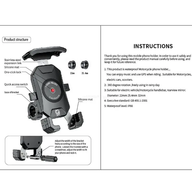

Waterproof Scooter Phone Clip Motorbike Phone Mount Holder for i-phone Sam-sung 3.5-6.5" Samrtphone 360° Rotation Dropship