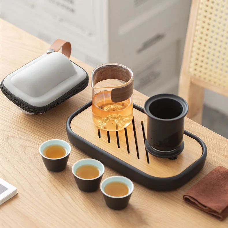 Retro Black Pottery 1 Pot 3 Cups Tea Set Outdoor Ceramic Travel Teaware Portable Glass Teapot with Filter Kung Fu Tea Maker Set