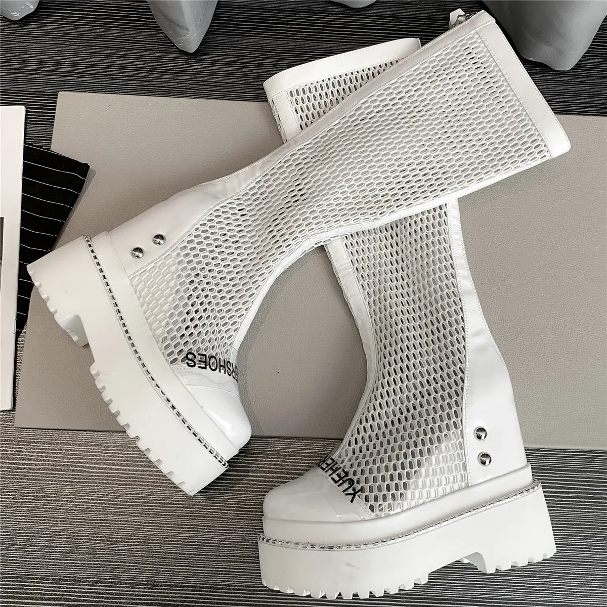 Chunky Platform Pumps Women Genuine Leather High Heel Gladiator Sandals Female Hollow Round Toe Knee High Boots Casual Shoes