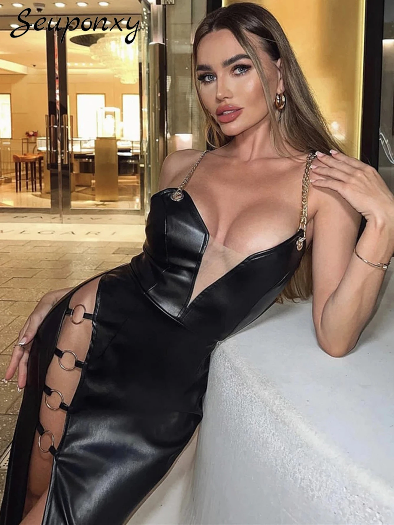 

High Quality Women Sexy Chain Spaghetti Straps PU Leather Bodycon Long Dress 2022 Summer Hollow Split Celebrity Club Party Dress
