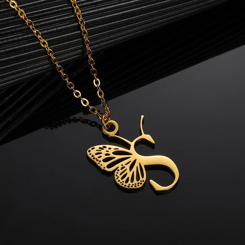 Initial Letter with Butterfly Necklace For Women Butterfly Jewelry Stainless Steel Alphabet Pendant Choker Necklace Female Gift
