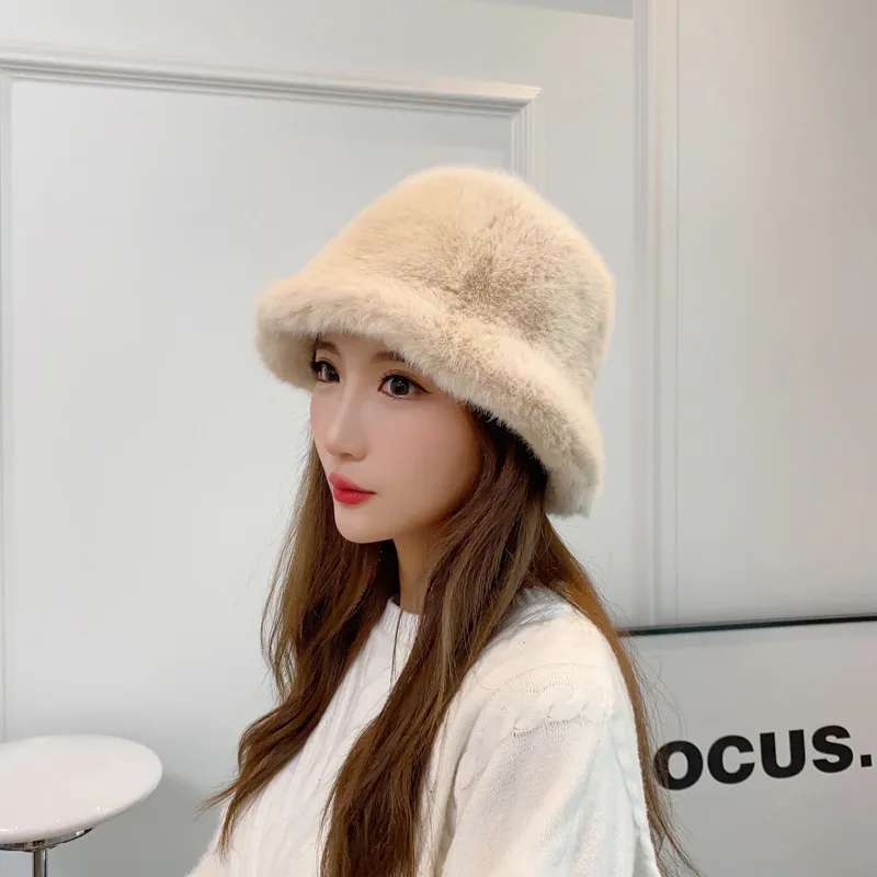 Fashion Women Fluffy Fur Bucket Hat Winter Warm Soft Plush Fisherman Panama Cap Femme Vintage Leopard Bob Sunbonnet Visors Gorro