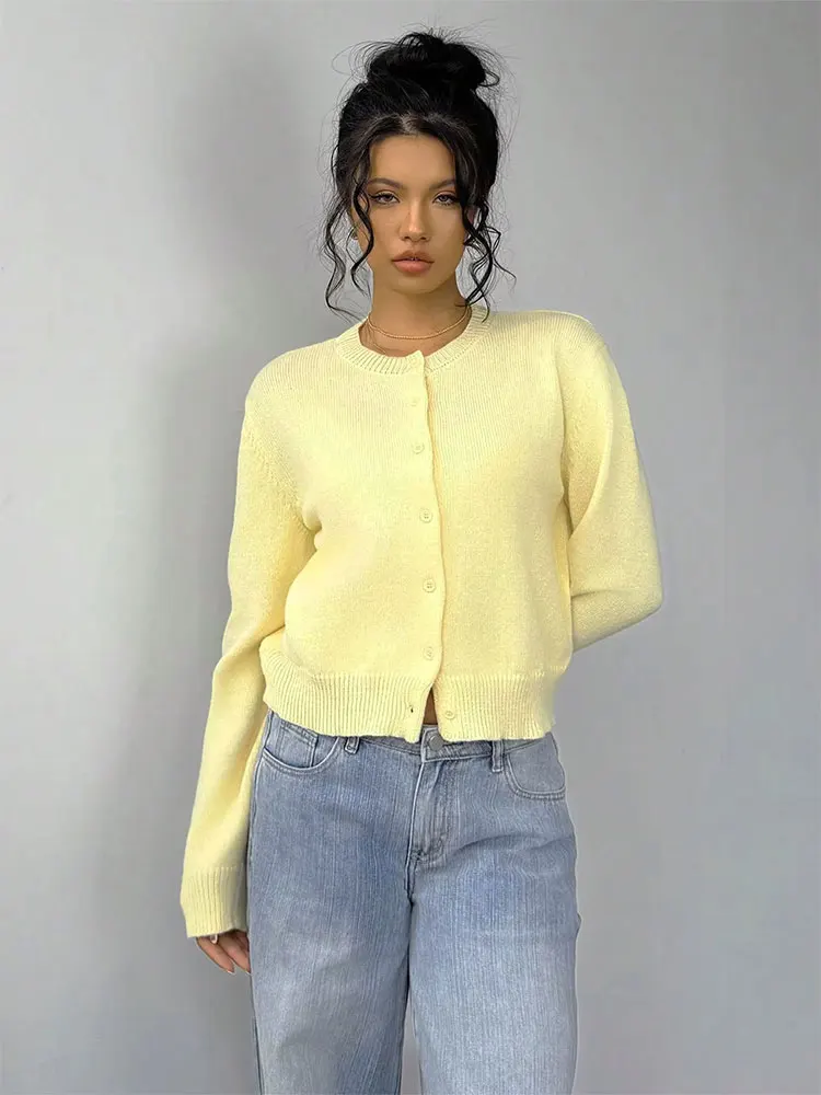 HH Women Elegant Yellow Knitted Sweater O Neck Long Sleeve Single-breasted Short Cardigan Autumn Casual Office Lady Coats