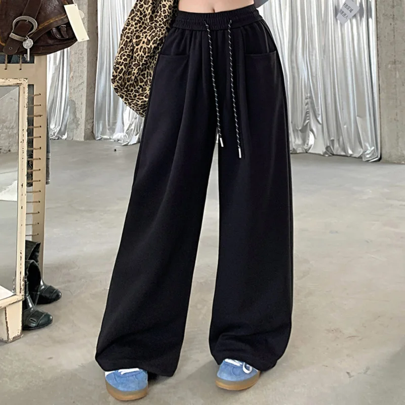 2024 Autumn Women Hip Hop Style Baggy High Waisted Long Pants Lady Versatile Streetwear Solid Color Drawstring Wide Leg Trousers 5