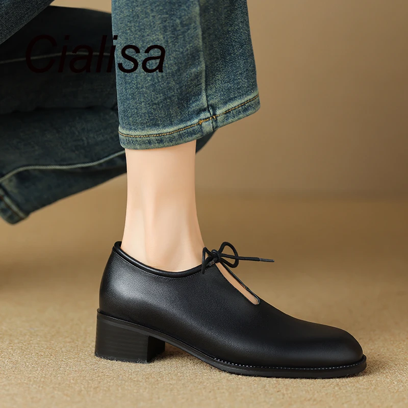 

Cialisa Genuine Leather Shoes For Women 2023 Autumn Round Toe Casual Pumps Handmade Daily Mid Heels Lady Footwear Black Brown