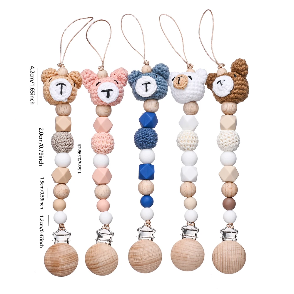 2Pcs Baby Nipple Chain Care Toy Baby Beech Wood Pacifier Clip  Cartoon Animal Felt Ball Beaded Dummy Holder Chain For Anti-drop 2