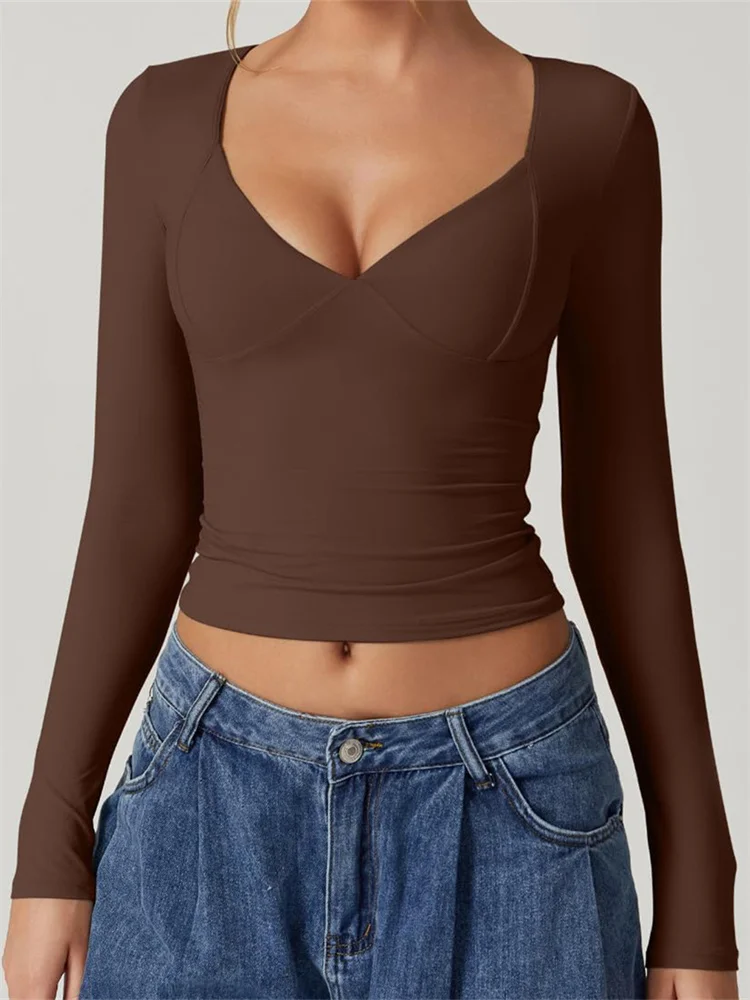 CHRONSTYLE Women V-neck Low Cut Solid Color T-Shirts Long Sleeve Slim Fit Round Neck Spring Fall Casual Tops Streetwear New