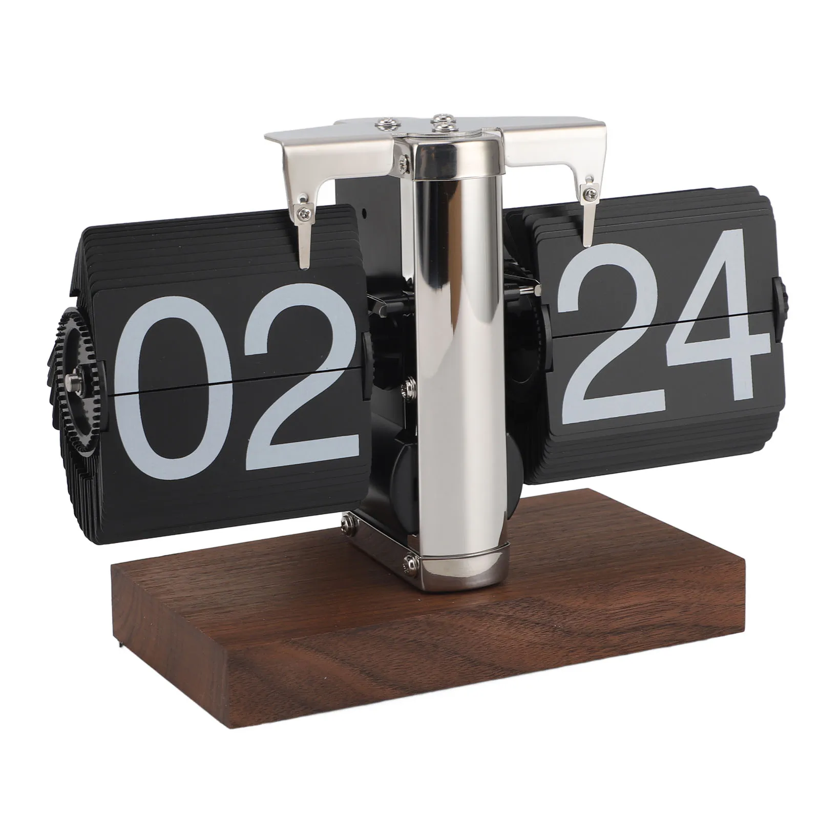 Flip Desk Clock Auto Mechanical Flip 24H Wood Base Stainless Steel Vintage Retro Digital Table Clock for Home Office