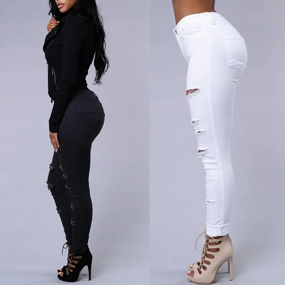 

Tight Waist Jeans Women Cotton Blend Jeans Stylish Women's Ripped Jeans High-waisted Slim Fit Soft Stretchy Denim for Casual