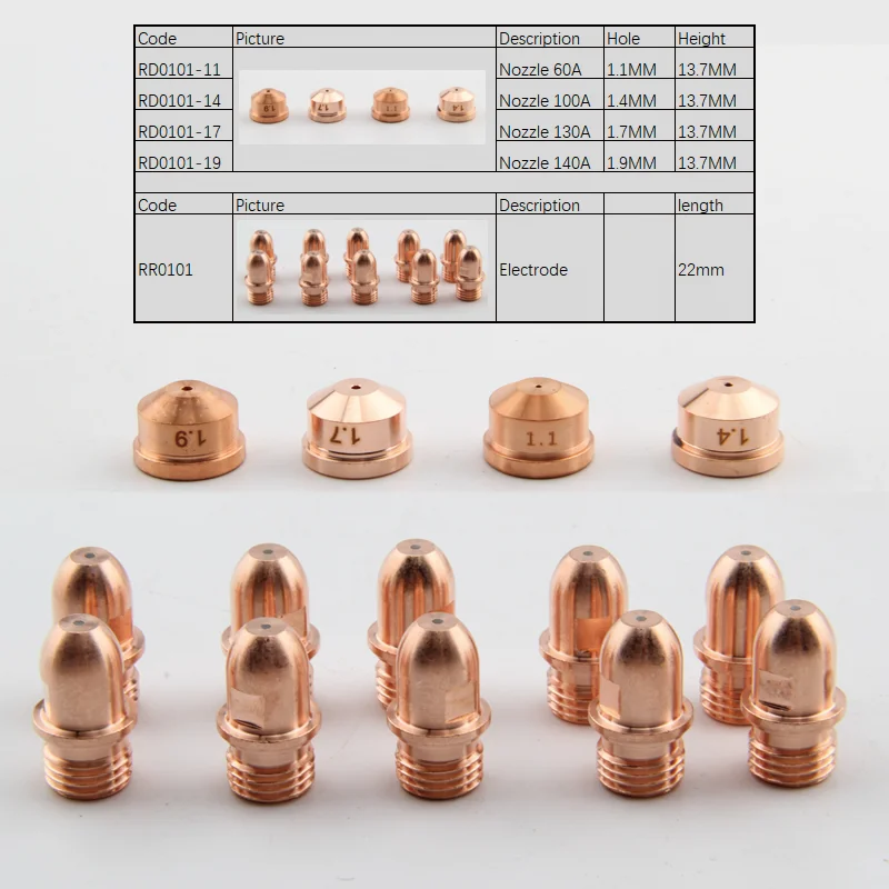 10 +10pcs / Lot Electrode RR0101 Nozzle PD0101 1.1MM - 1.9 MM for Trafimet A141 Plasma Cutting Torch Consumables