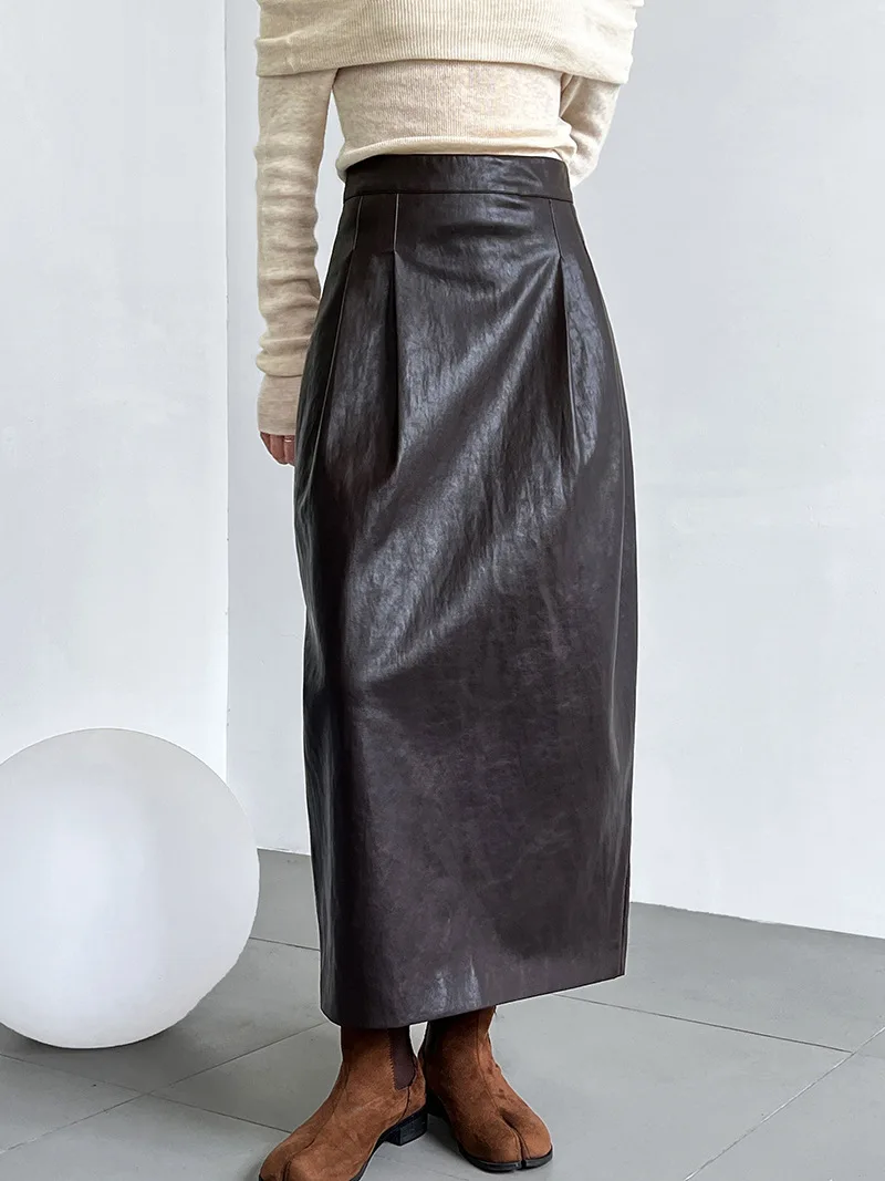 

New Autumn Minimalist Fashionable Back Slit PU Leather Straight Skirt - Long High-waisted Pencil Skirt with Hip-hugging Fit