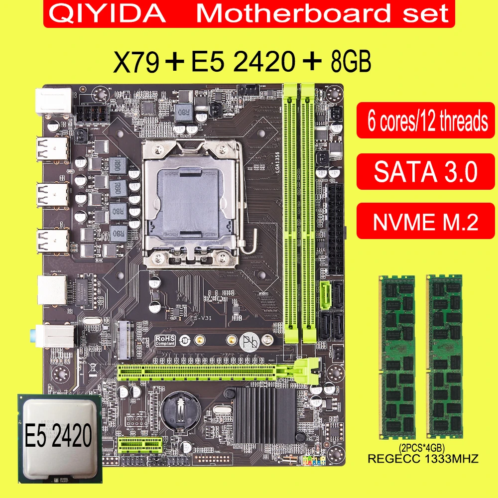 best budget gaming pc motherboard X79 motherboard set with Xeon LGA 1356 E5 2420 cpu 2pcs x 4GB = 8GB 1333MHz pc3 10600R DDR3 ECC REG  memory ram NVME M.2 SATA3.0 the motherboard