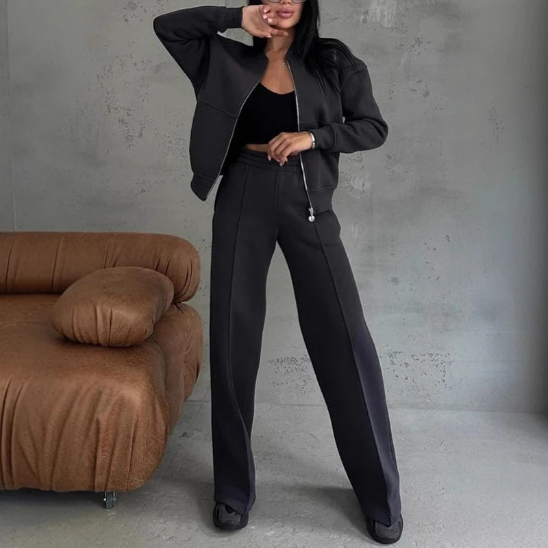 Spring Woman Loose Tracksuit Zipper Sweatshirt Coat+High Waist Straight Pants Sports Outfits Female Autumn Casual Two-piece Set 5