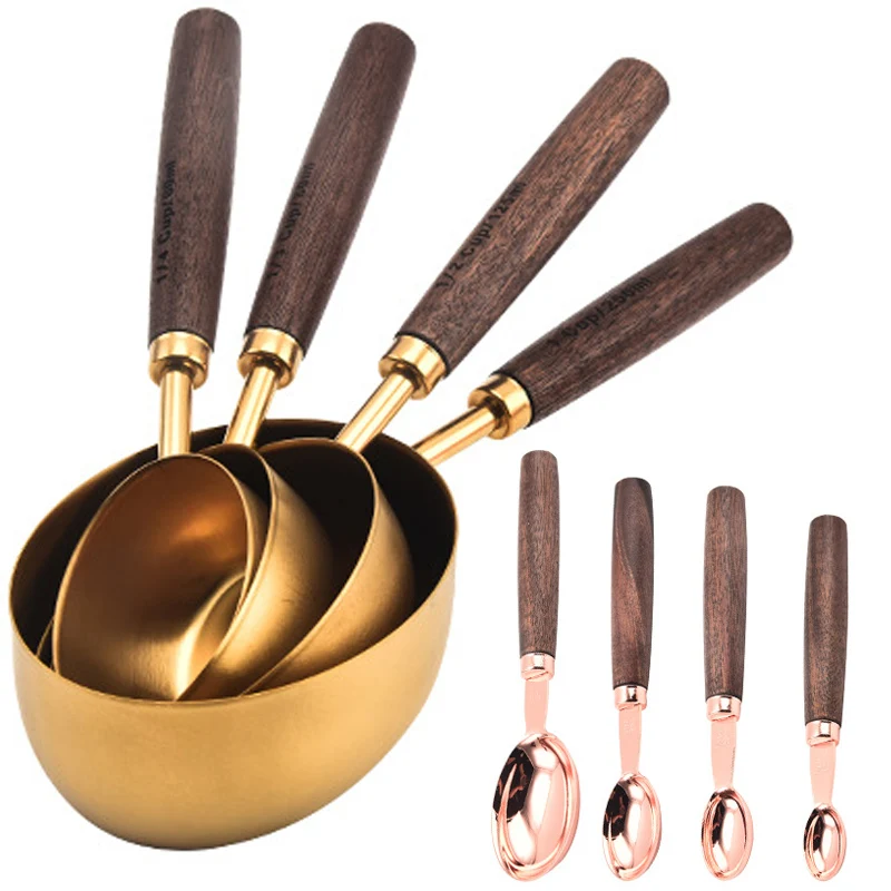 

Wooden Handle Stainless Steel Rose Gold Gram Measuring Cups Spoons Plated Copper Scale Measuring Spoon Set Kitchen Baking