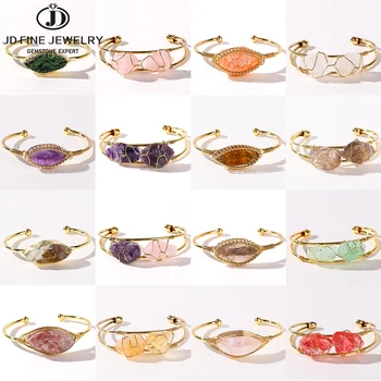 JD Natural Crystal Raw Gemstone Inlaid Bracelet Hand Woven Copper Wire Open Bracelet Fashion Match Charm Fashion Jewelry Gifts