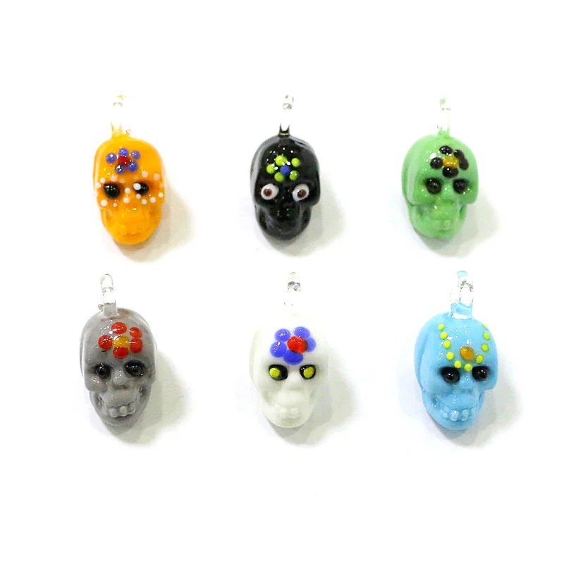 

6pcs New Cute Skull Mini Figurine Charm Glass Pendant Halloween Decoration Supplies Fashion DIY Women Jewelry Making Accessories