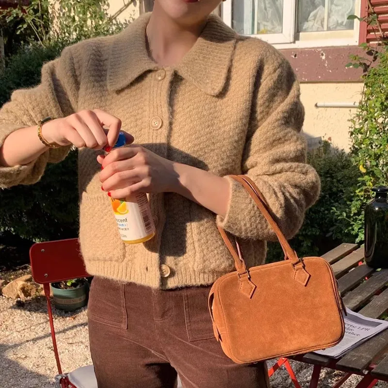 Fashion Lapel with Pockets Sweater Jacket for Women Autumn New Loose Fit Outerwear Button Long Sleeve Knitwear Cardigan Top