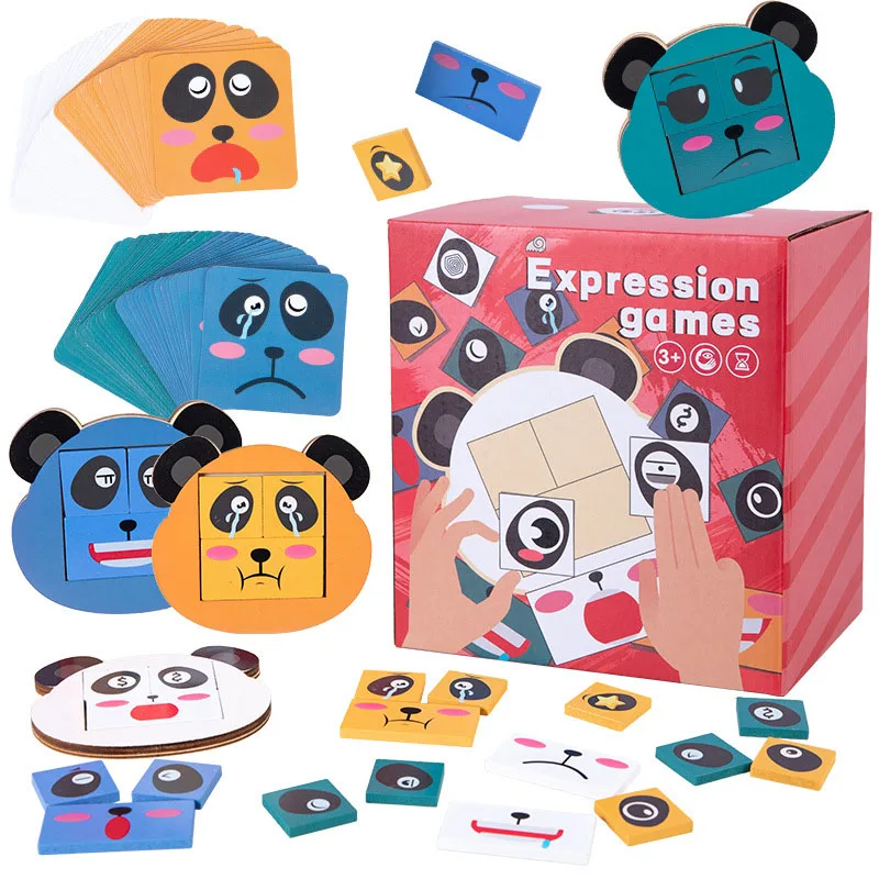 

Wooden Kawaii Panda Expression Puzzle Kids Building Blocks Toys Logical Thinking Training Face-changing Cube Game With Bell Gift
